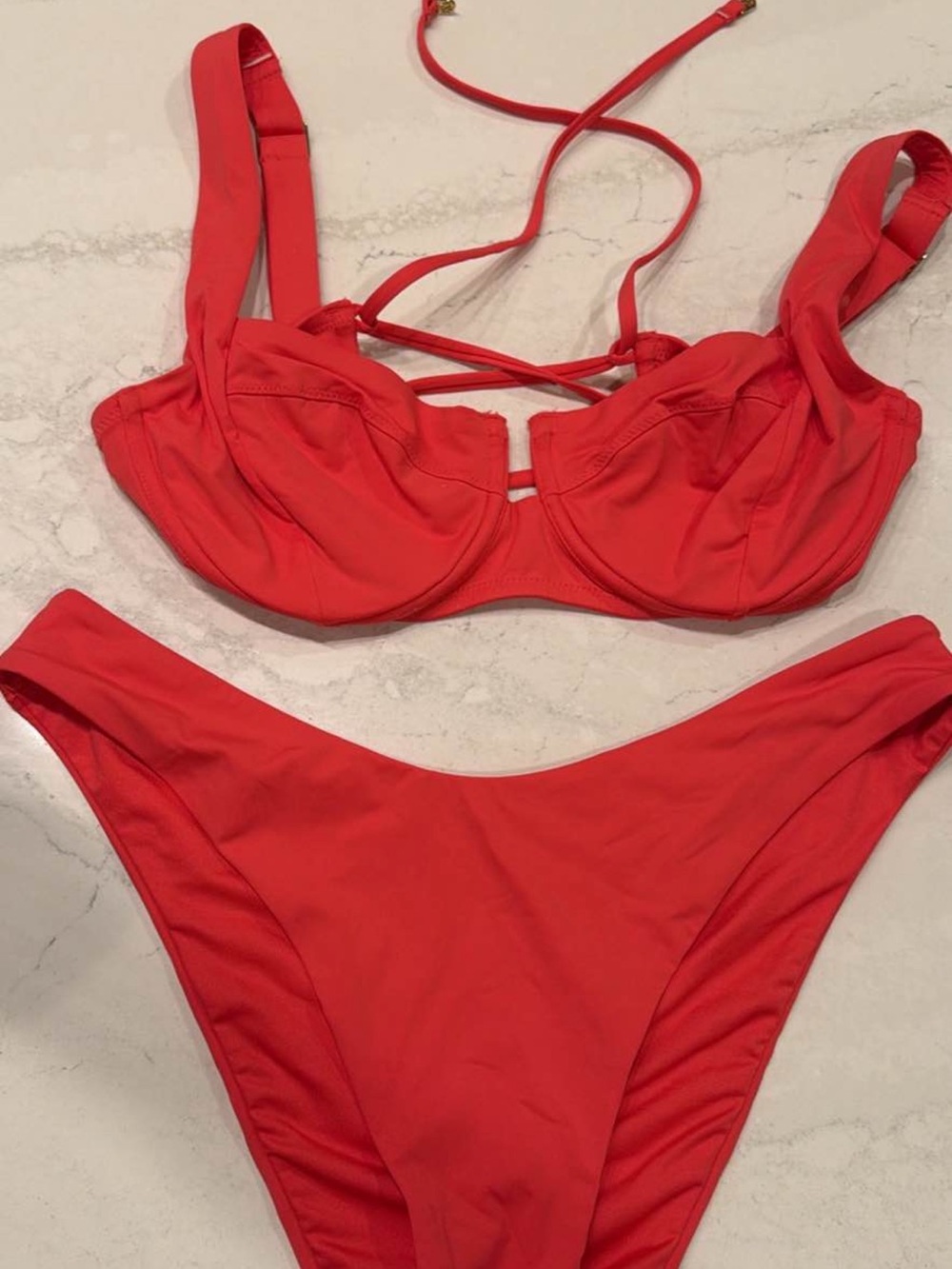 Victorias Secret Underwire Strappy Bikini Set in Coral Red - Women Swim